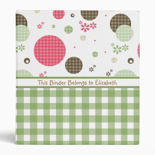 Trendy Cute Gingham Polka Dots With Name 3 Ring Binder (Front)