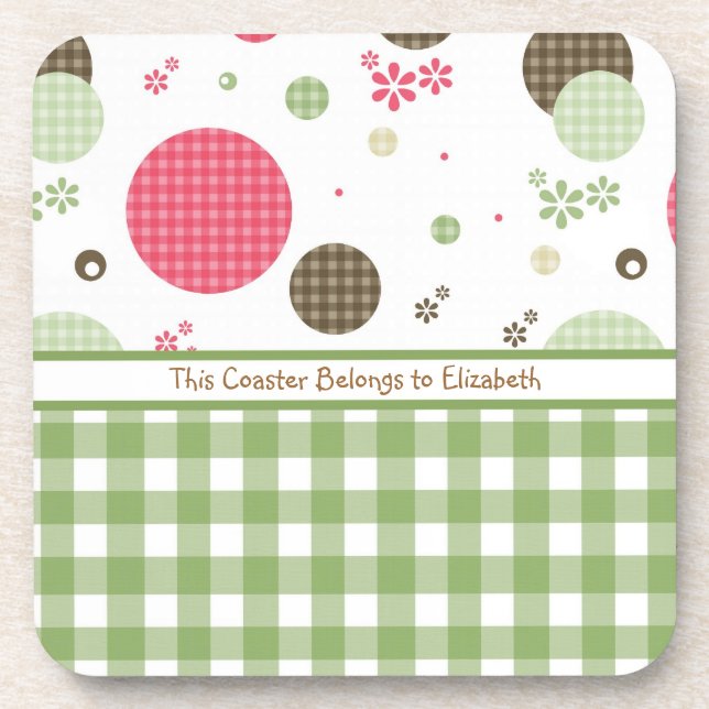 Trendy Cute Gingham Polka Dots With Name Drink Coaster (Front)