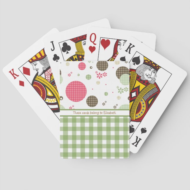 Trendy Cute Gingham Polka Dots With Name Poker Cards (Back)