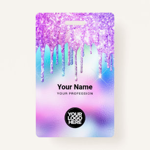 Trendy Cute Holographic Glitter Drips Employee Badge