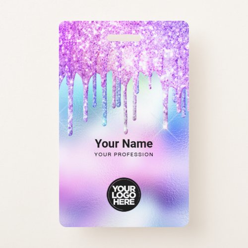 Trendy Cute Holographic Glitter Drips Employee Badge