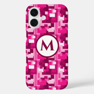 Trendy Cute Hot Pink Digital Camo Pattern Monogram iPhone 16 Case