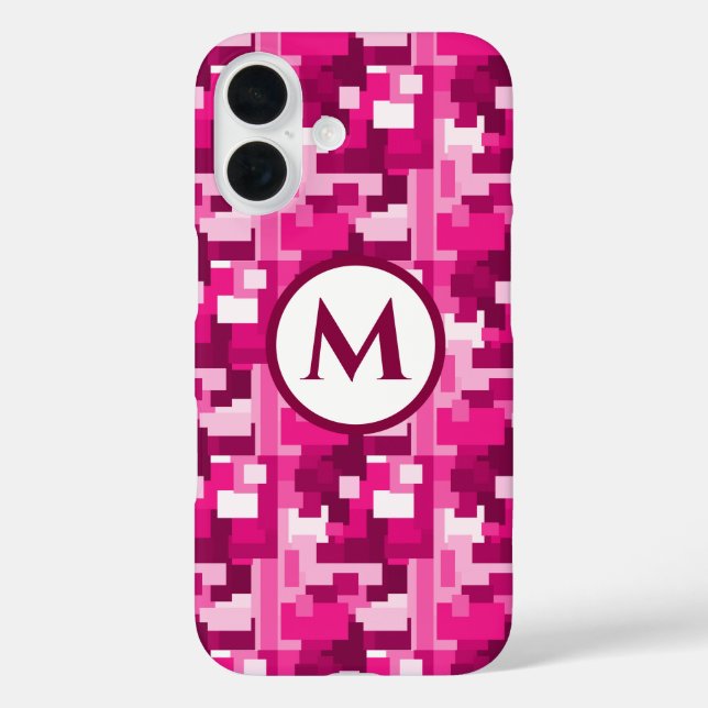 Trendy Cute Hot Pink Digital Camo Pattern Monogram Case-Mate iPhone Case (Back)