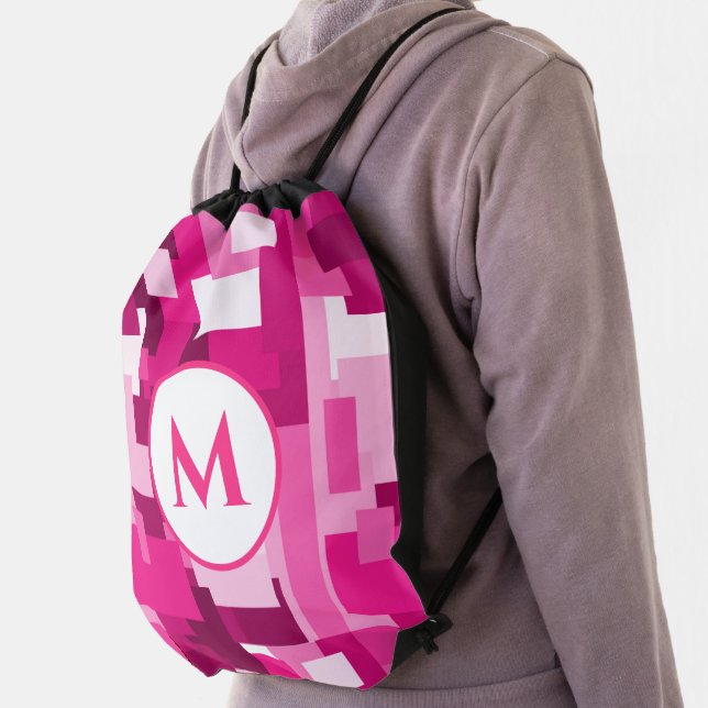 Trendy Cute Hot Pink Digital Camo Pattern Monogram Drawstring Bag (Insitu)