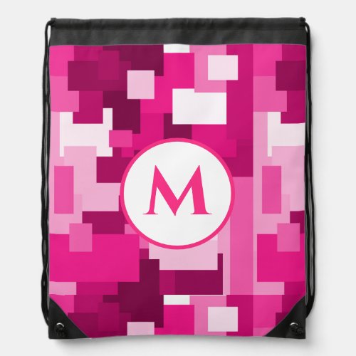 Trendy Cute Hot Pink Digital Camo Pattern Monogram Drawstring Bag