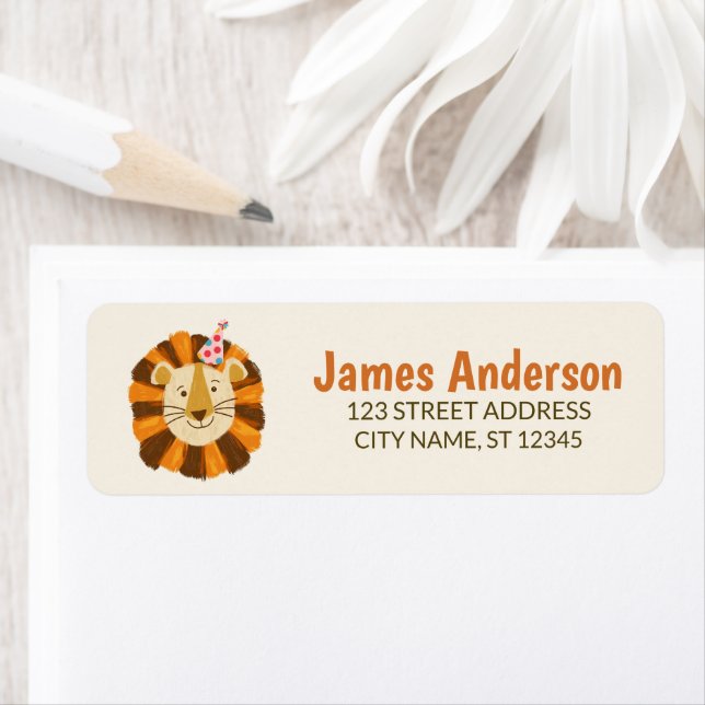 Trendy Cute Lion With Party Hat Return Address     Label (Insitu)