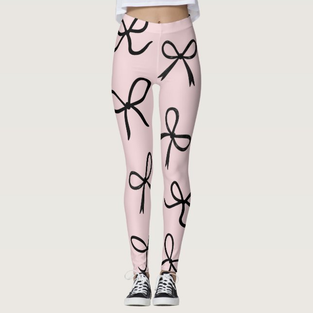 Trendy Cute Little Black Bows Pink Leggings (Front)