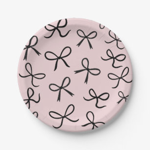 Trendy Cute Little  Black Bows Pink Paper Plates