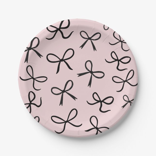 Trendy Cute Little  Black Bows Pink Paper Plates (Front)