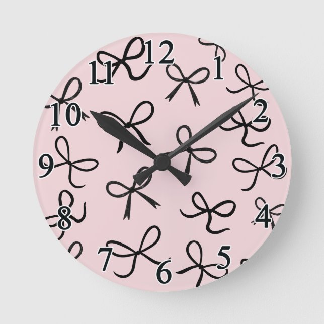 Trendy Cute Little Black Bows Pink Round Clock (Front)