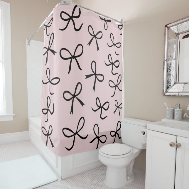Trendy Cute Little Black Bows Pink Shower Curtain (In Situ)