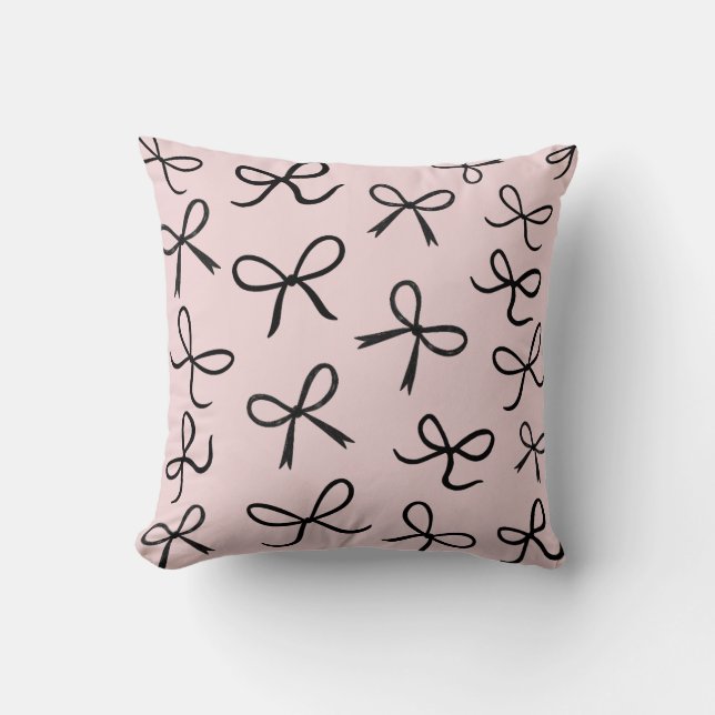 Trendy Cute Little Black Bows Pink Throw Pillow (Front)