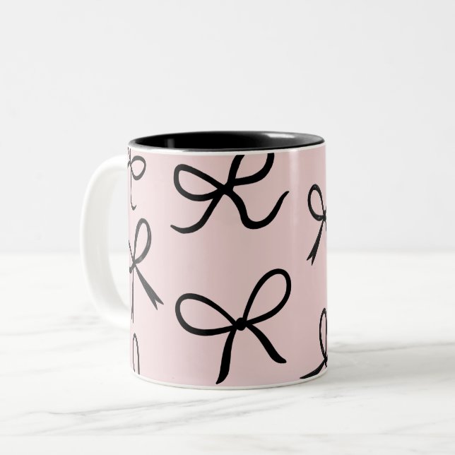 Trendy Cute Little Black Bows Pink Two-Tone Coffee Mug (Front Left)