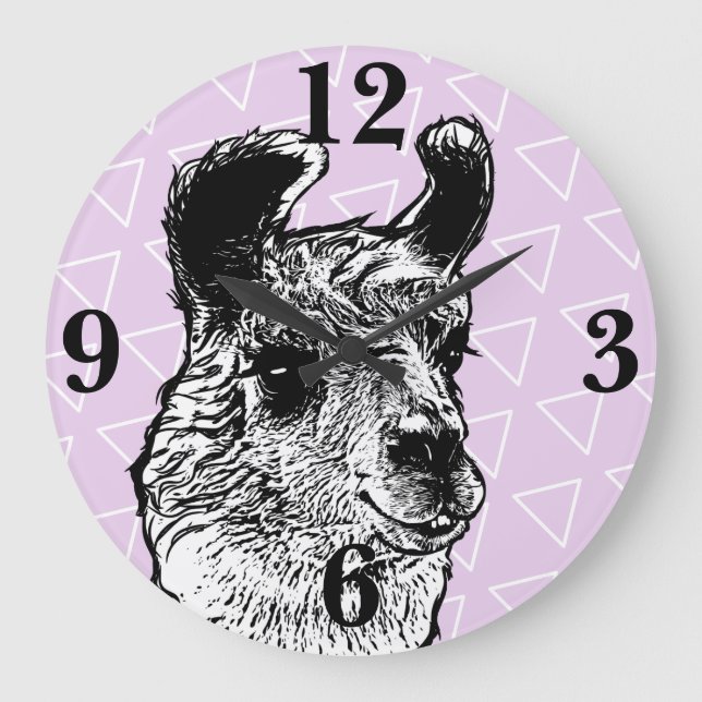 Trendy Cute Llama Illustration & Triangles Large Clock (Front)