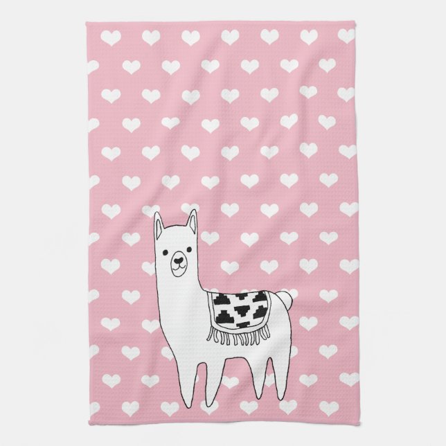 Trendy Cute Llama Sketch & Hearts Kitchen Towel (Vertical)