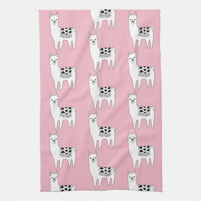 Trendy Cute Llama Sketch & Pink Kitchen Towel (Vertical)