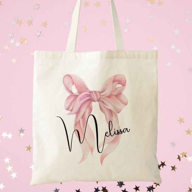 Trendy Cute Modern Girls Watercolor Pink Bow Tote Bag (Creator Uploaded)