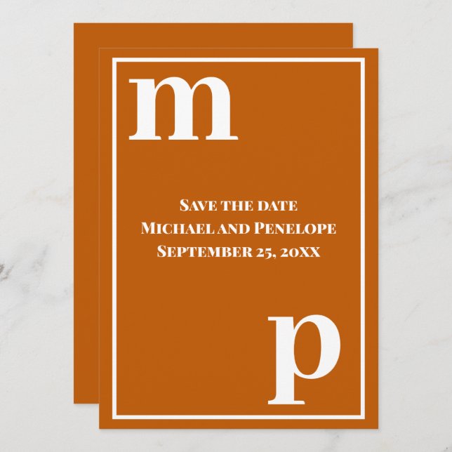 Trendy Cute Monogram Burnt Orange Save the Date   Invitation (Front/Back)