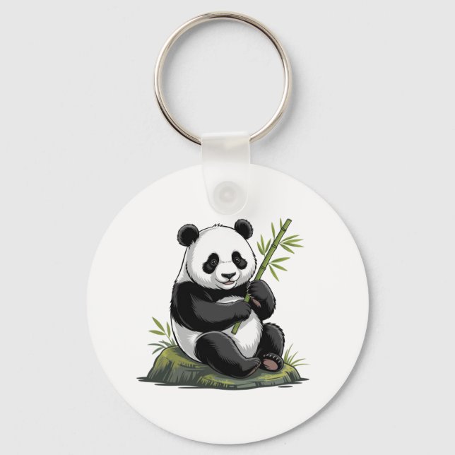 Trendy Cute Panda Bear With Greenery Bamboo Keychain (Front)