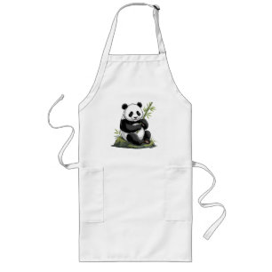 Trendy Cute Panda Bear With Greenery Bamboo  Long Apron