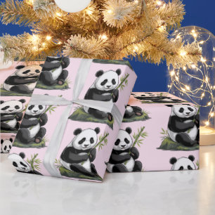 Trendy Cute Panda Bear With Greenery Bamboo Pink Wrapping Paper