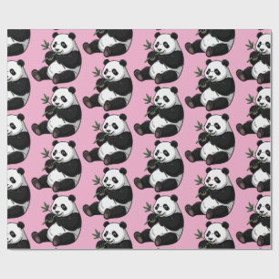 Trendy Cute Panda Bear With Greenery Bamboo Pink Wrapping Paper