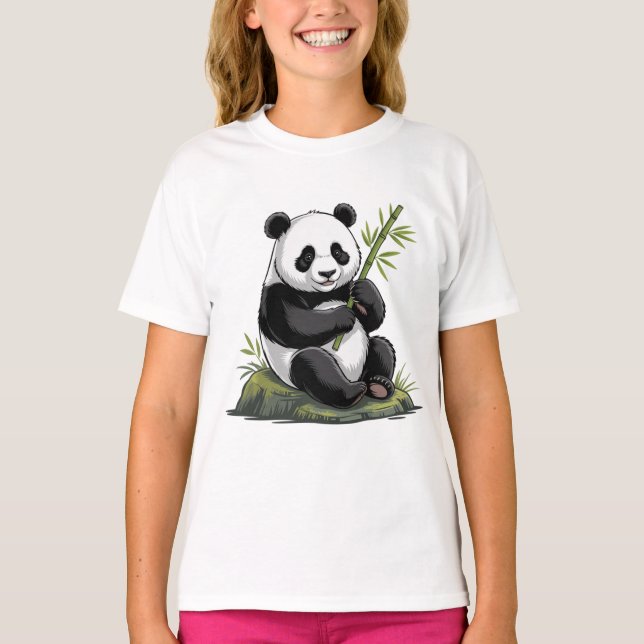 Trendy Cute Panda Bear With Greenery Bamboo  T-Shirt (Front)