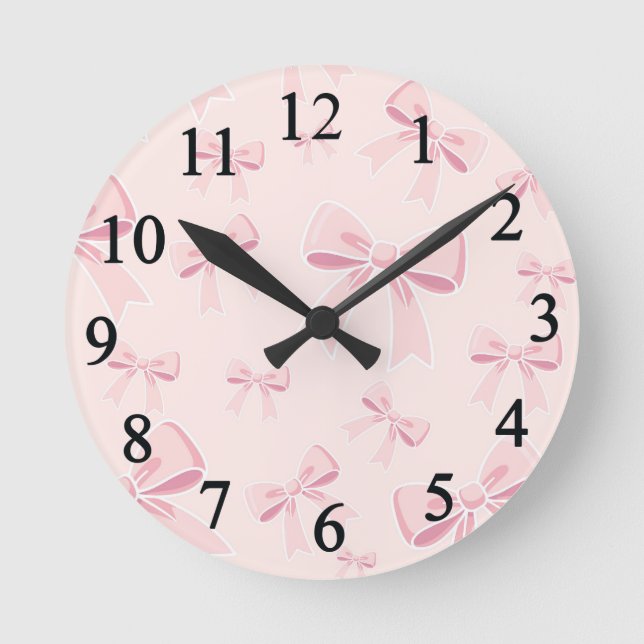 Trendy Cute Pink Bows Coquette Bedroom Nursery Round Clock (Front)