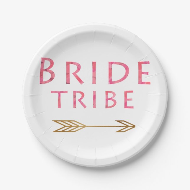 trendy cute pink bride tribe gold arrow design paper plates (Front)