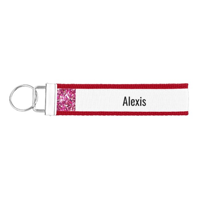 Trendy Cute Pink Glitter Sparkle Personalize Name Wrist Keychain (Keys on Left)