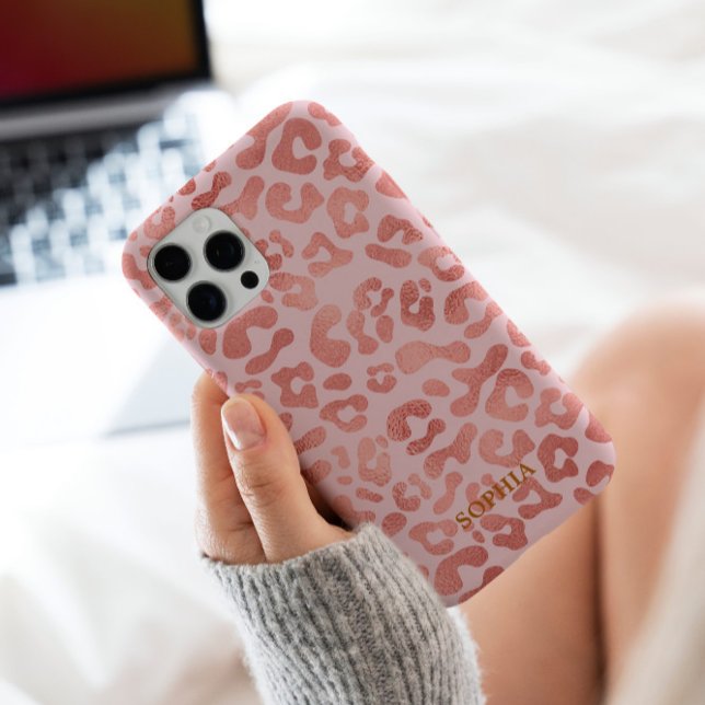 Trendy Cute Pink Leopard Pattern Personalized Case-Mate iPhone Case (The trendy fashionable leopard pattern in pink gold design for your stunning personalized phone case)