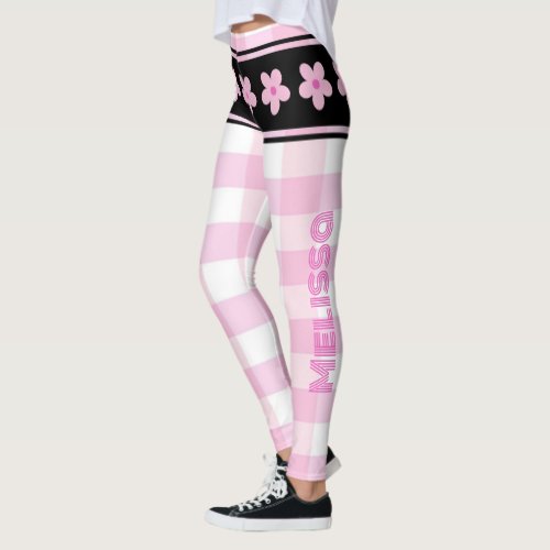 Trendy Cute Pink White Checkered Pattern  Flowers Leggings