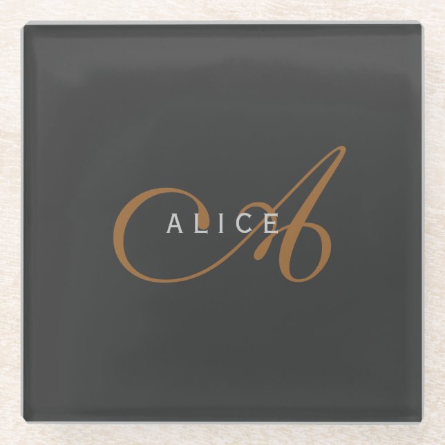 Trendy Cute Plain Monogram Initial Name Glass Coaster (Front)