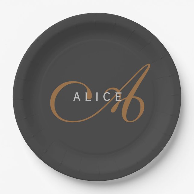 Trendy Cute Plain Monogram Initial Name Paper Plates (Front)