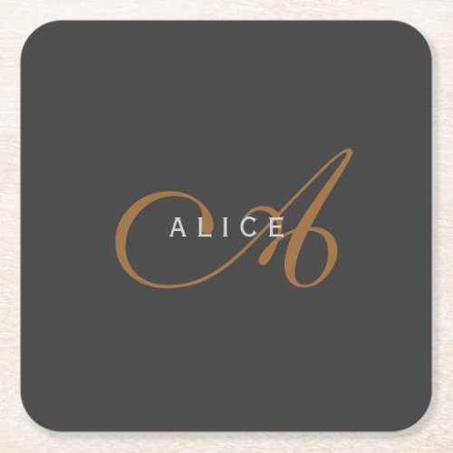 Trendy Cute Plain Monogram Initial Name Square Paper Coaster