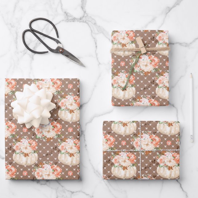 Trendy Cute Pumpkin Floral Peach Blush Brown Gifts Wrapping Paper Sheets (Front)