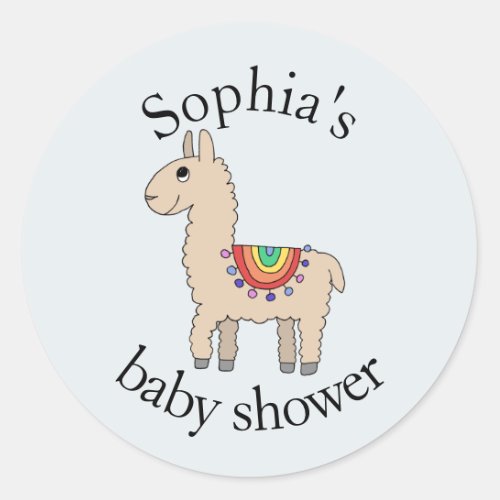 Trendy Cute Rainbow Llama Name Baby Shower Classic Round Sticker