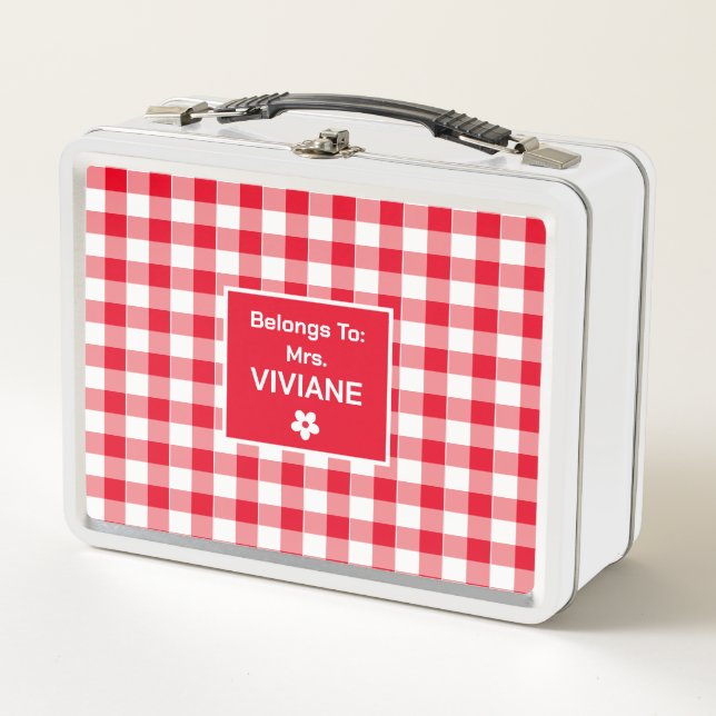 Trendy Cute Red White Checkered Pattern Custom Metal Lunch Box (Front)