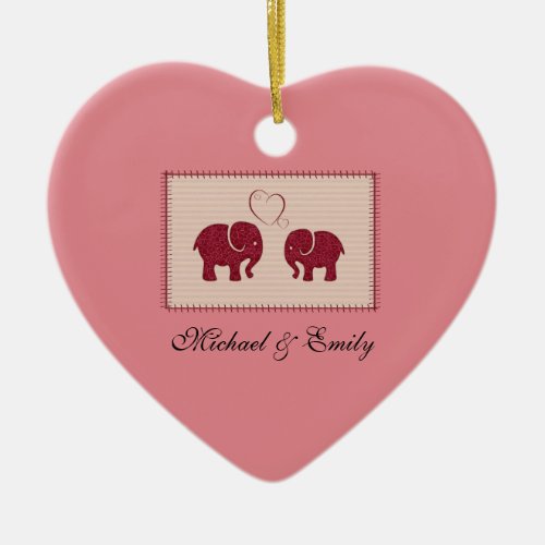 Trendy cute romantic elephants in love patchwork ceramic ornament