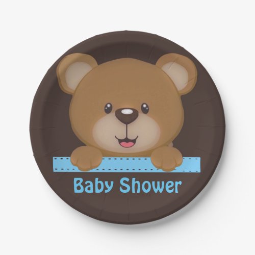 Trendy Cute Teddy Bear Boy Baby Shower Paper Plates