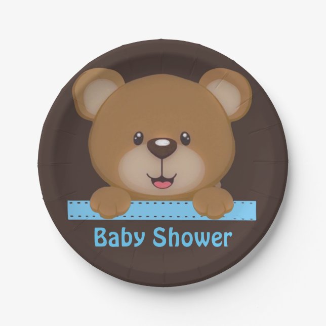 Trendy Cute Teddy Bear Boy Baby Shower Paper Plates (Front)