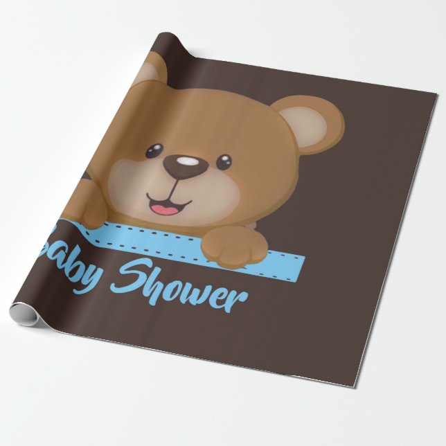 Trendy Cute Teddy Bear Boy Baby Shower Wrapping Paper (Unrolled)