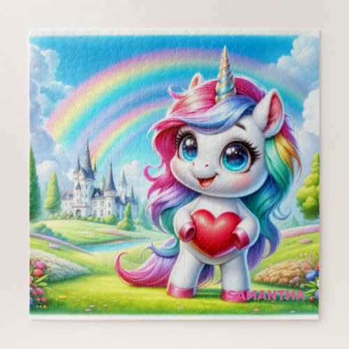 Trendy cute unicorn with heart and rainbow jigsaw puzzle