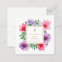 Trendy Cute Watercolor Gold Pink Flowers Monogram Square Business Card