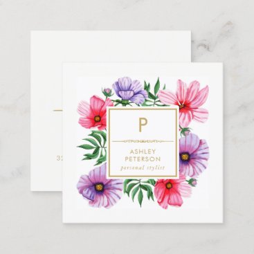 Trendy Cute Watercolor Gold Pink Flowers Monogram Square Business Card