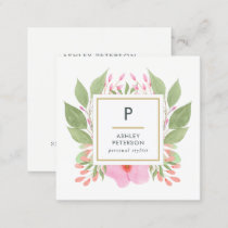 Trendy Cute Watercolor Pink Flowers Monogram Square Business Card