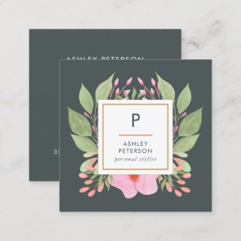 Trendy Cute Watercolor Pink Flowers Monogram Square Business Card by MG_BusinessCards at Zazzle