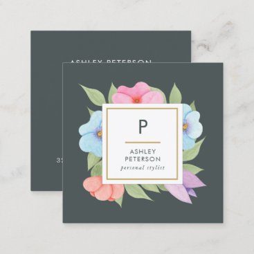 Trendy Cute Watercolor Pink Gold Flowers Monogram Square Business Card