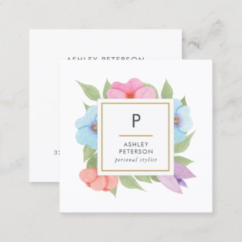 Trendy Cute Watercolor Pink Gold Flowers Monogram Square Business Card by MG_BusinessCards at Zazzle
