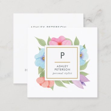 Trendy Cute Watercolor Pink Gold Flowers Monogram Square Business Card